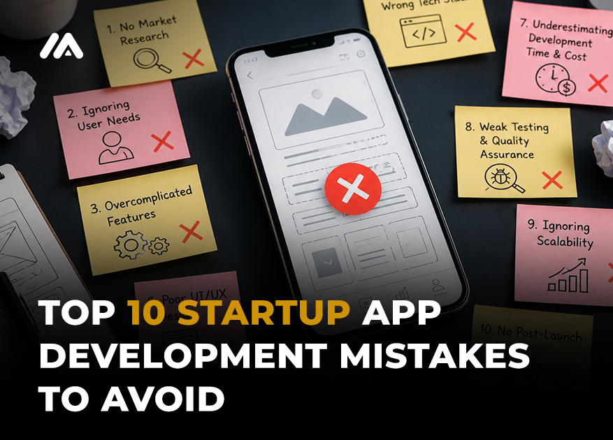 Startup app development mistakes showing mobile app planning errors feature overload tech stack design budget and launch issues by M TECHUB LLC