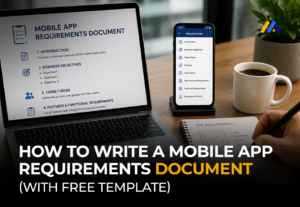 Mobile app requirements document template guide showing PRD sections functional requirements user stories AI requirements and checklist by M TECHUB LLC