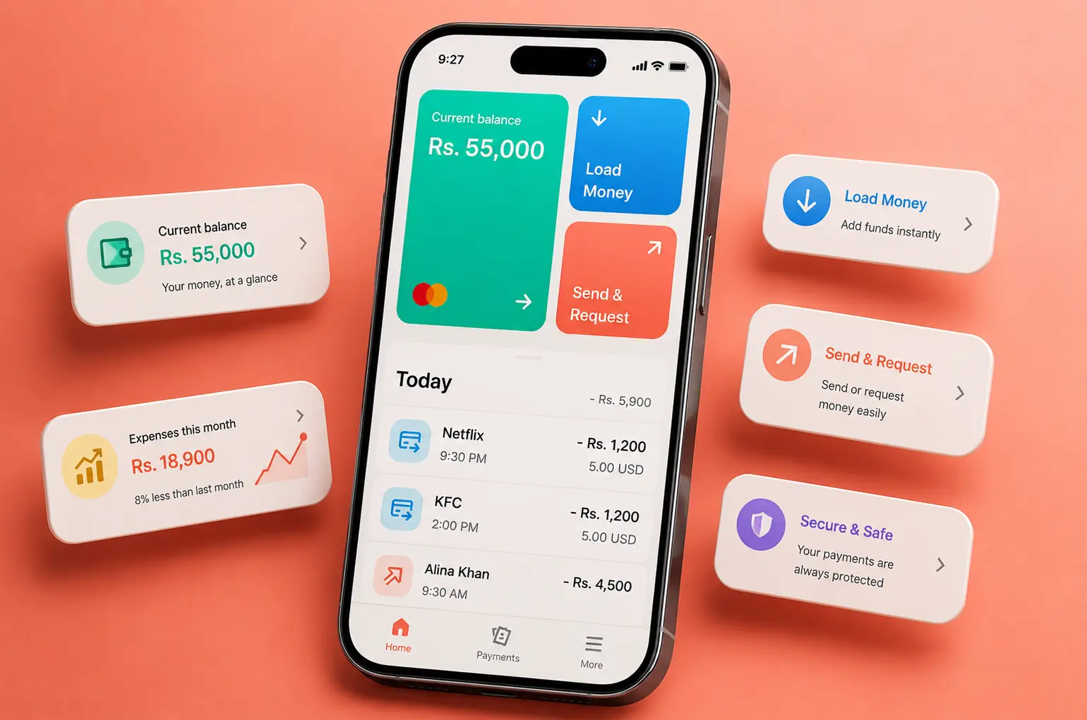 Mobile wallet app UI design mockup showing balance, payments, and transactions