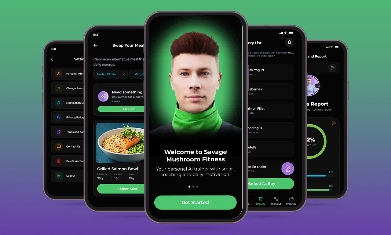 Savage Mushroom app development case study showing AI fitness app meal planning workout tracking progress dashboard and Gemini AI integration by M TECHUB LLC