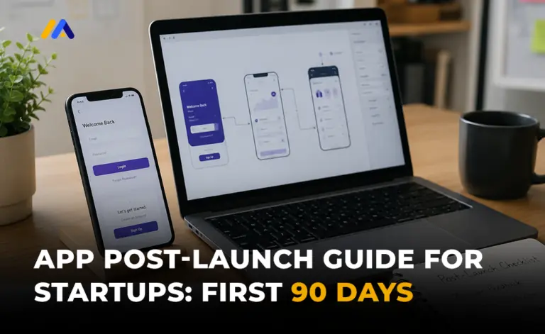 App post-launch guide for startups showing mobile app analytics monitoring feedback ASO and retention roadmap by M TECHUB LLC