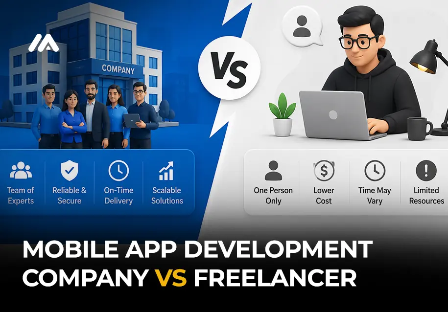 Mobile app development company vs freelancer comparison showing cost quality risk timeline QA and post-launch support by M TECHUB LLC