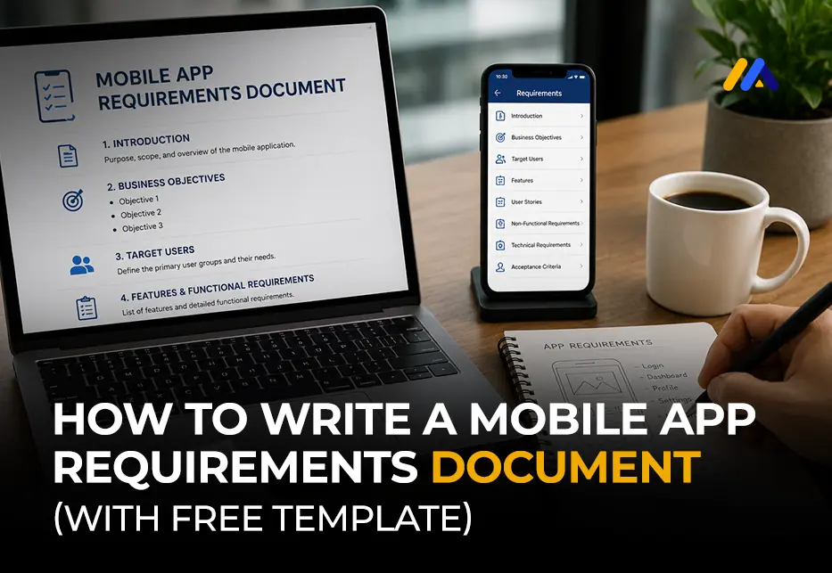 Mobile app requirements document template guide showing PRD sections functional requirements user stories AI requirements and checklist by M TECHUB LLC